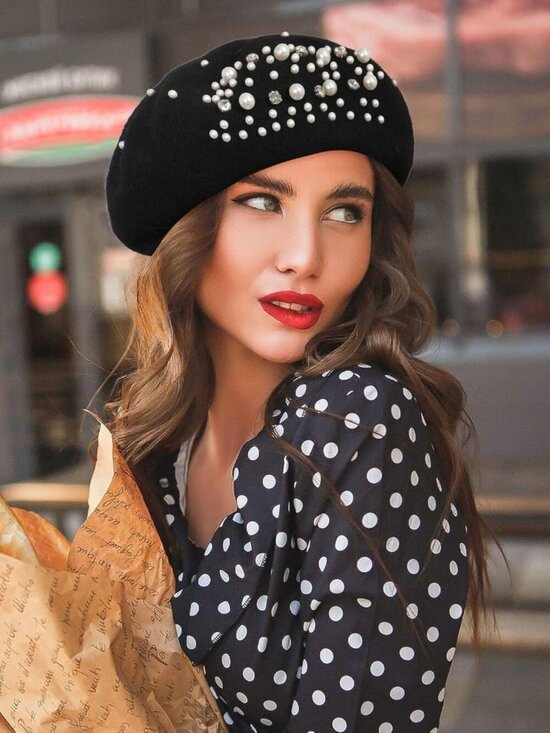 Women\'s Classic French Wool Beret with Pearl Rhinestone Embellishment Hat Black main image 6